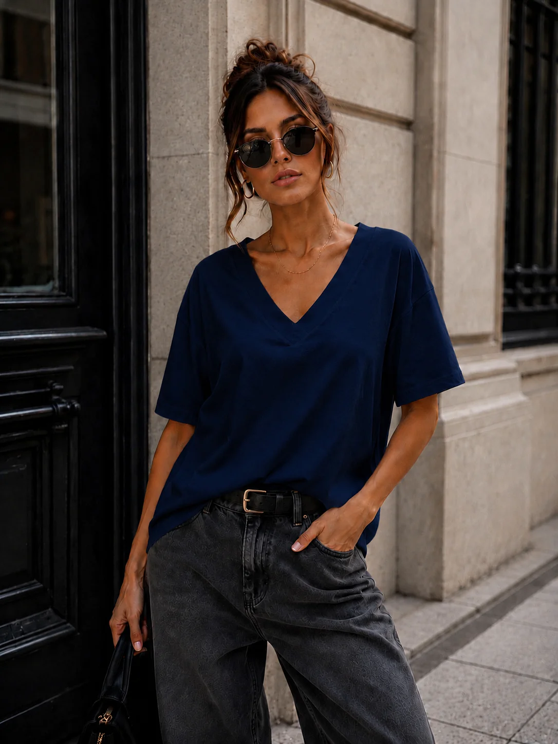 Basic T-shirt V-hals Milly Donkerblauw - Image 2
