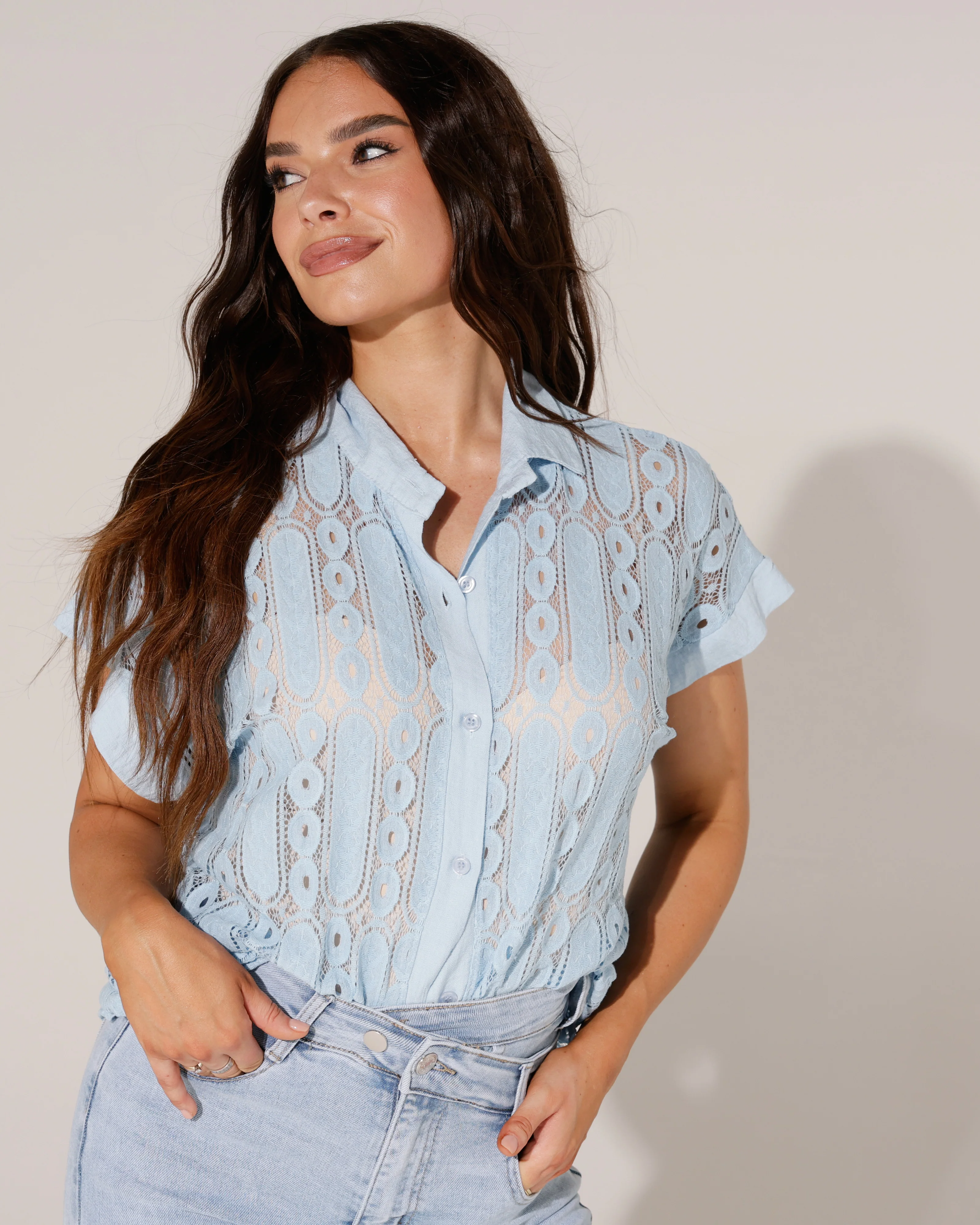 Blouse broderie Nova Lichtblauw