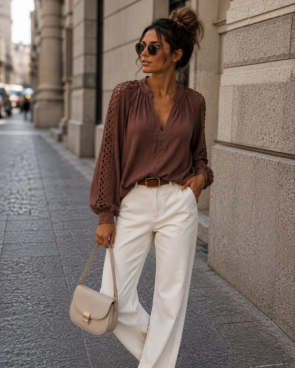 Blouse met open mouwen Nataly Bruin