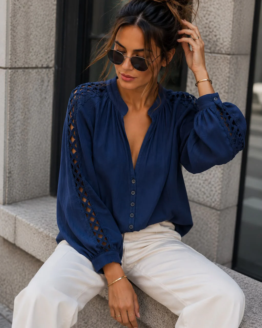 Blouse met open mouwen Nataly Donkerblauw