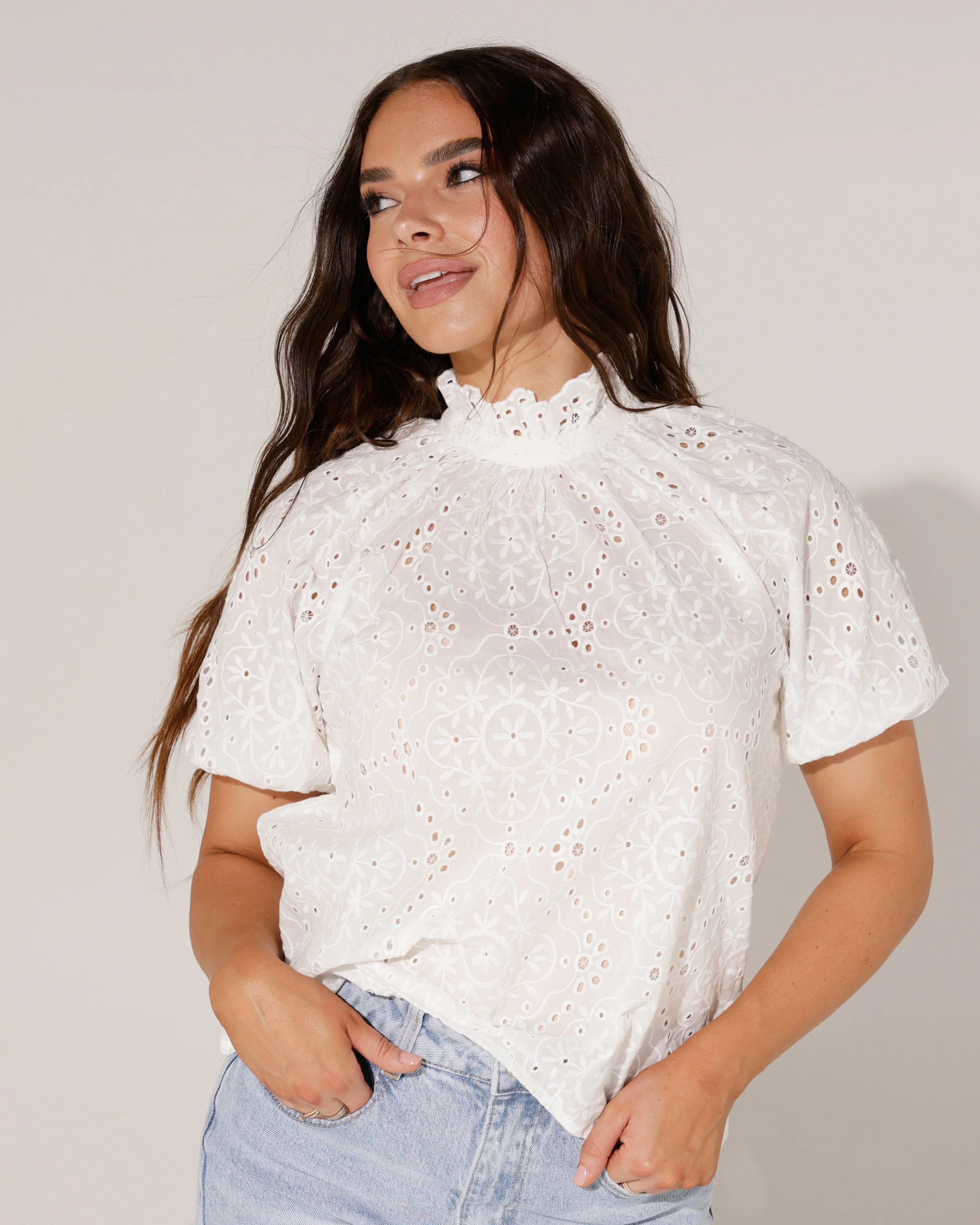 Broderie blouse opstaande kraag Bente Wit