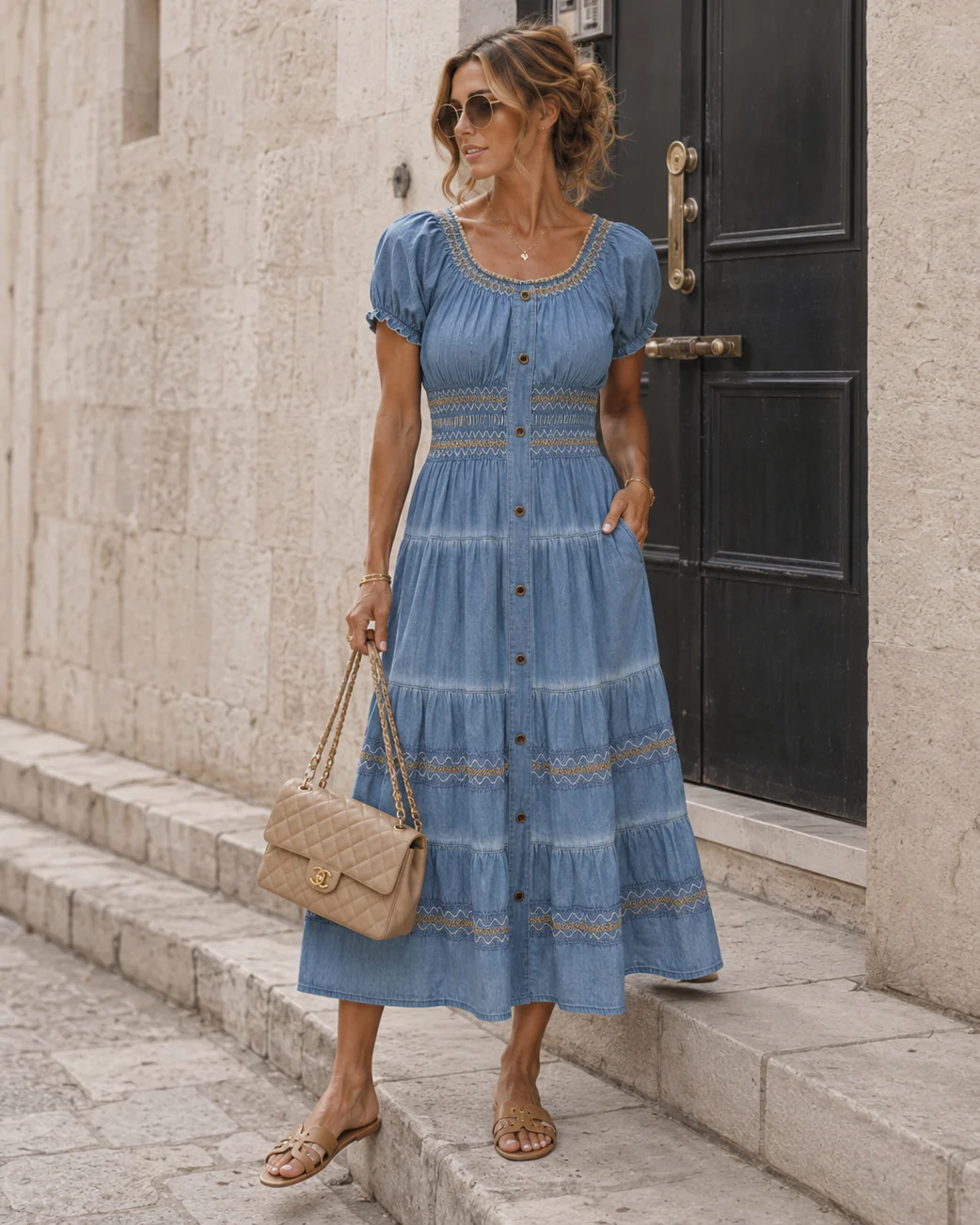 Denim look jurk met knopen Puck Lichtblauw