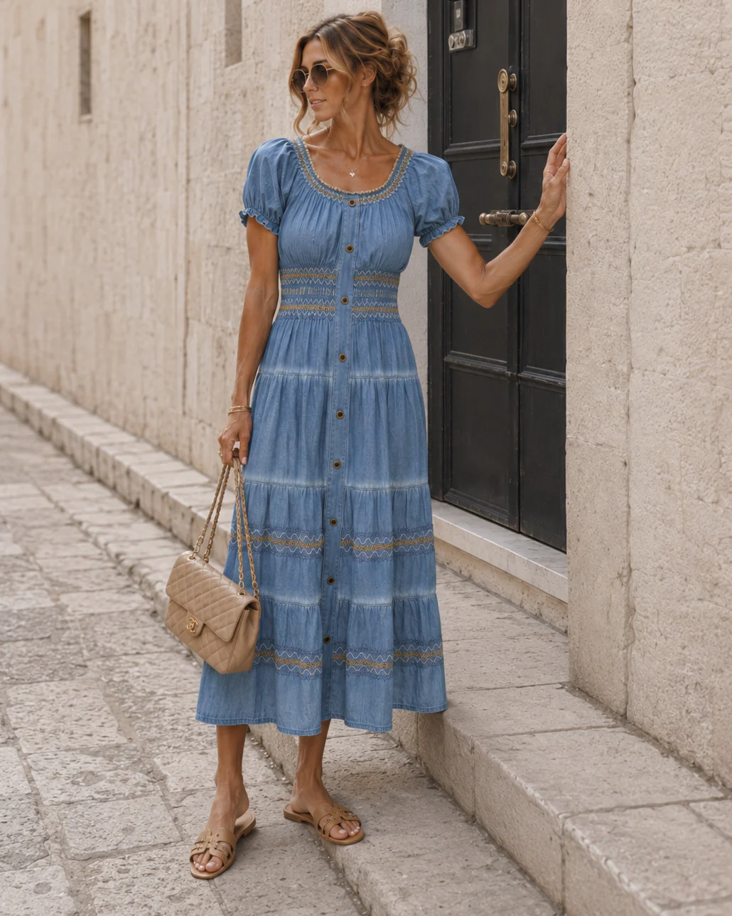 Denim look jurk met knopen Puck Lichtblauw - Image 3