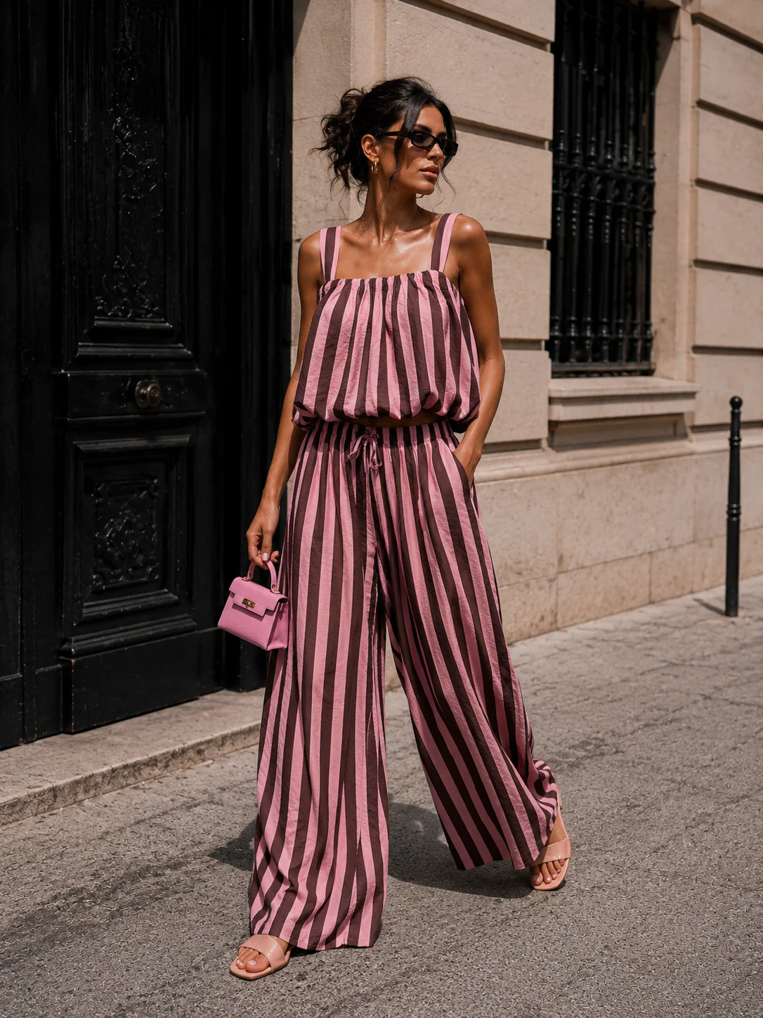 Gestreept co-ord set Estelle Bruin/ Roze