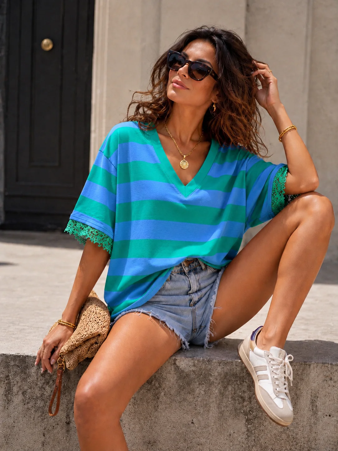 Gestreept T-shirt kanten detail Evie Blauw/ Groen - Image 2