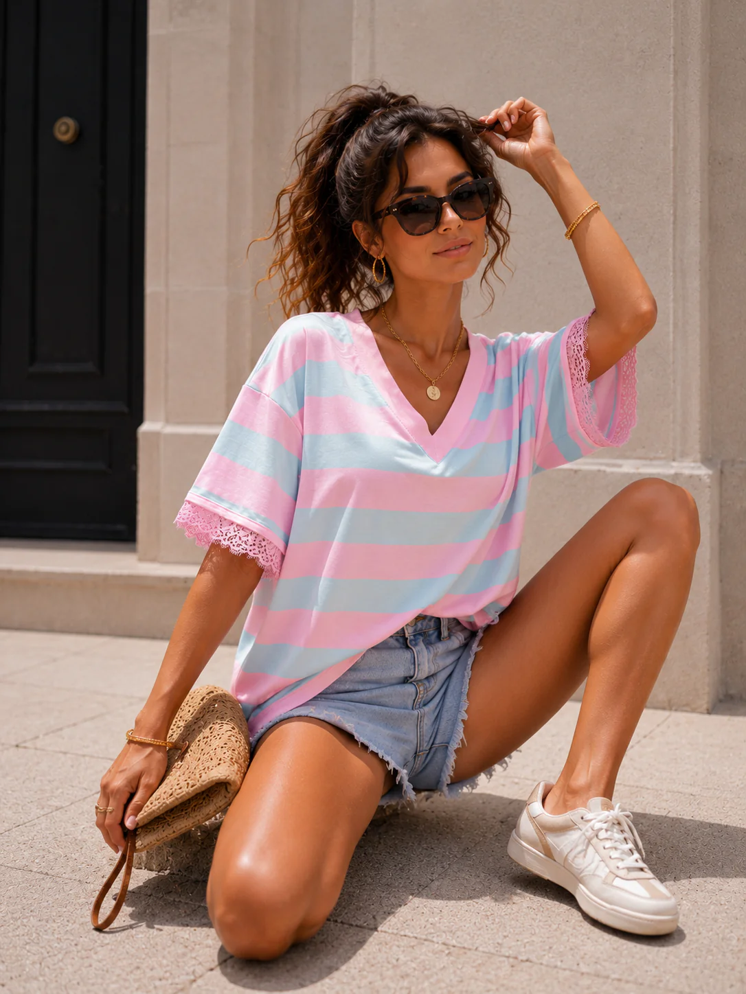 Gestreept T-shirt kanten detail Evie Blauw/ Lichtroze