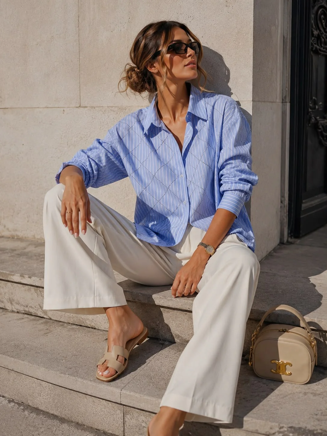 Gestreepte blouse met strass Aya Lichtblauw - Image 3