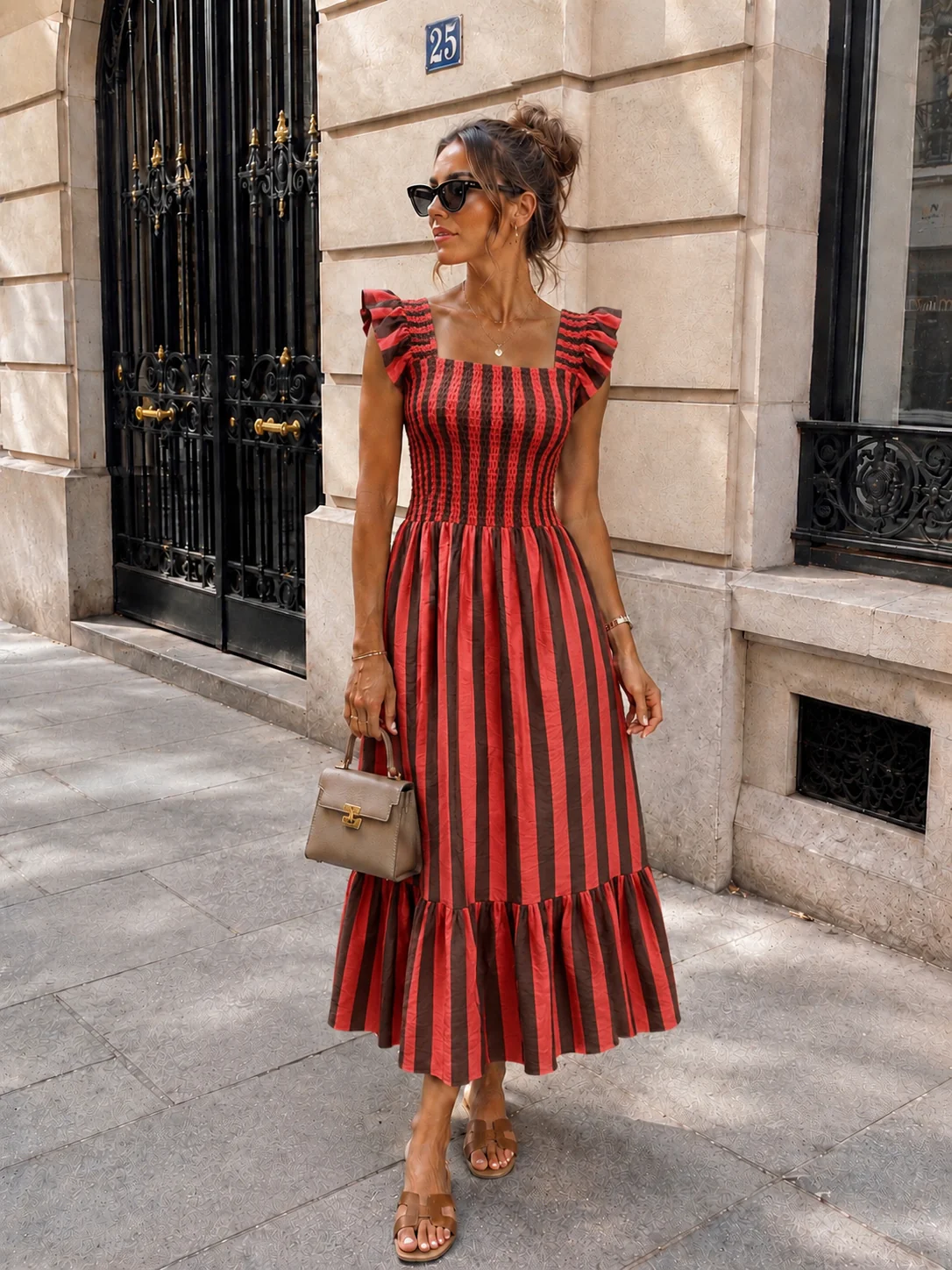 Gestreepte maxi jurk met rushes Noa Bruin/ Rood