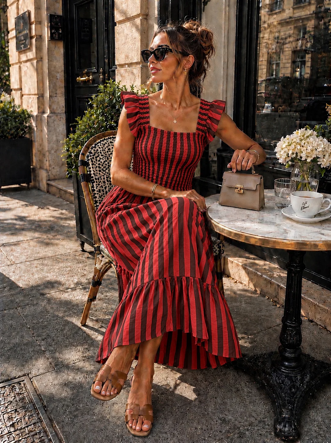 Gestreepte maxi jurk met rushes Noa Bruin/ Rood - Image 2