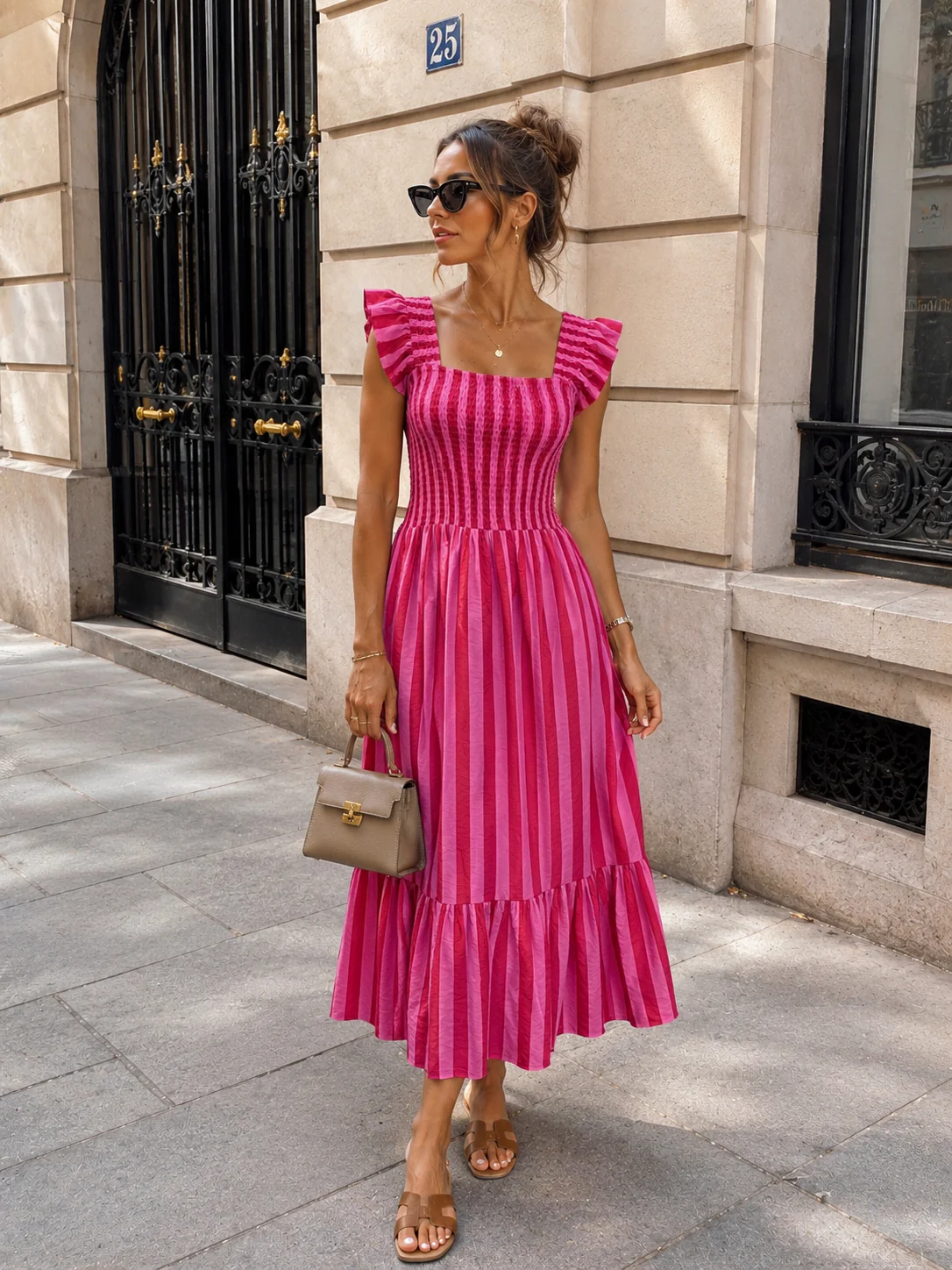 Gestreepte maxi jurk met rushes Noa Fuchsia