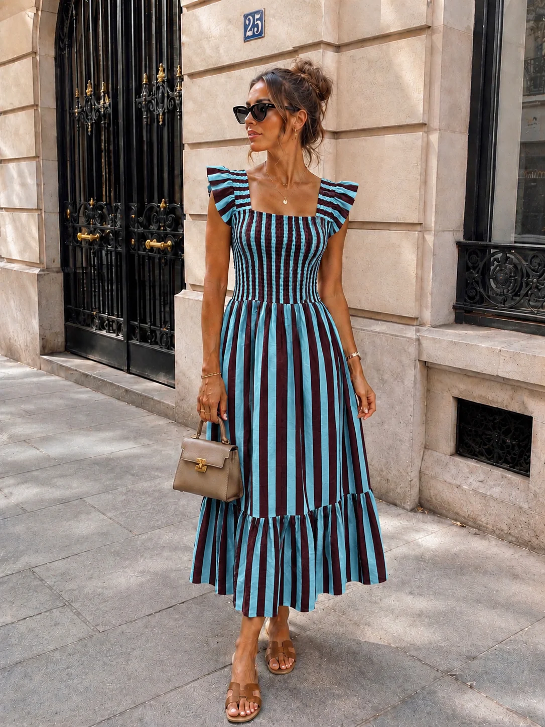 Gestreepte maxi jurk met rushes Noa Lichtblauw/ Aubergine