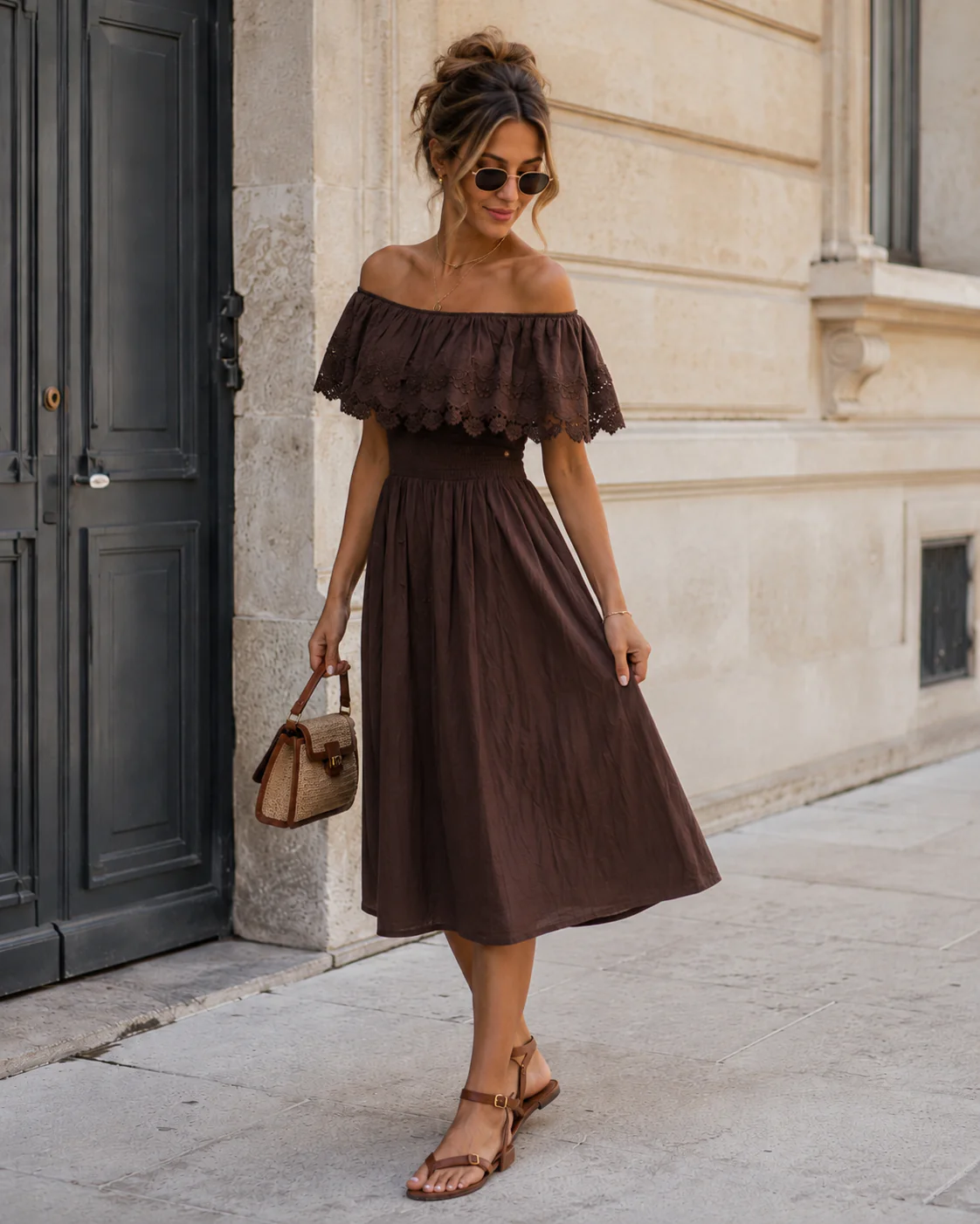 Off-shoulder jurk met broderie Bibi Donkerbruin - Image 2
