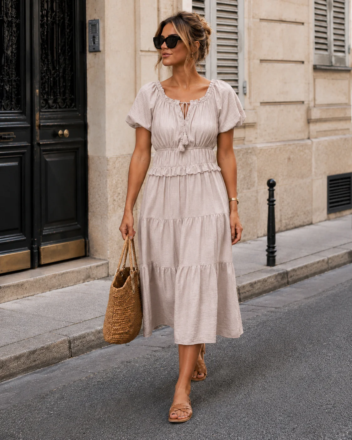 Off-shoulder jurk Noor Beige