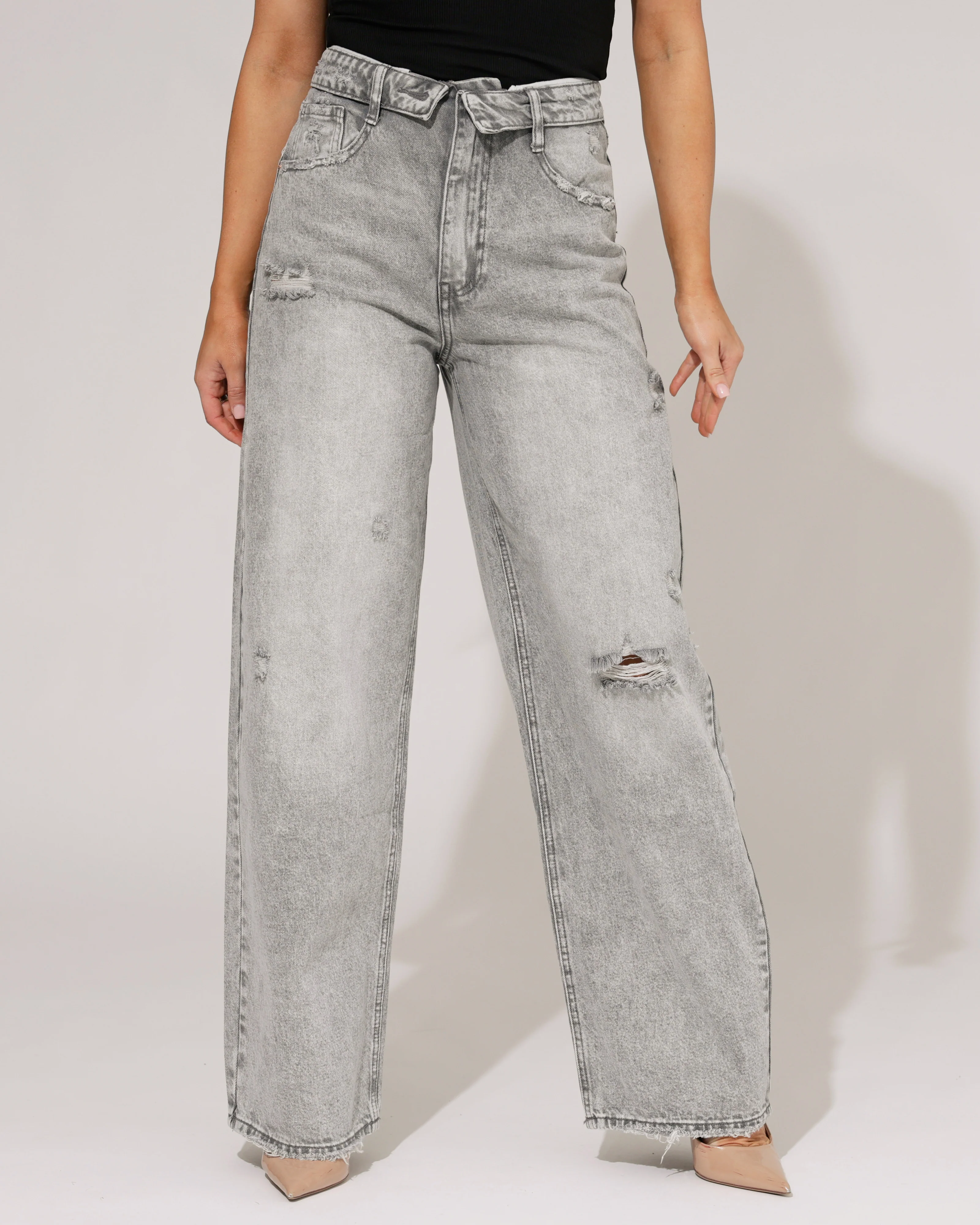 Queen Hearts | Baggy wide leg jeans met omslag Deb-2 Grijs - Image 3
