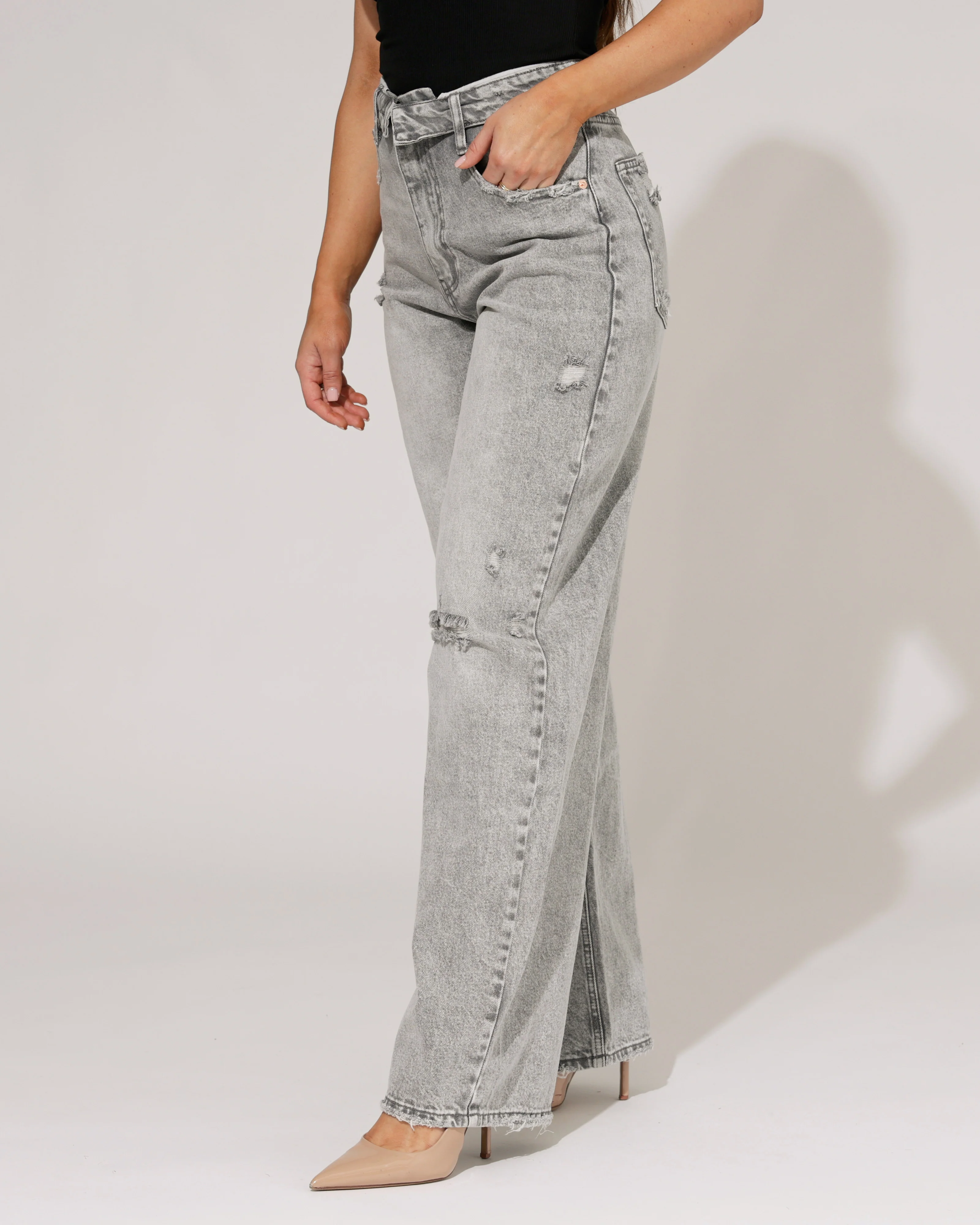 Queen Hearts | Baggy wide leg jeans met omslag Deb-2 Grijs - Image 4