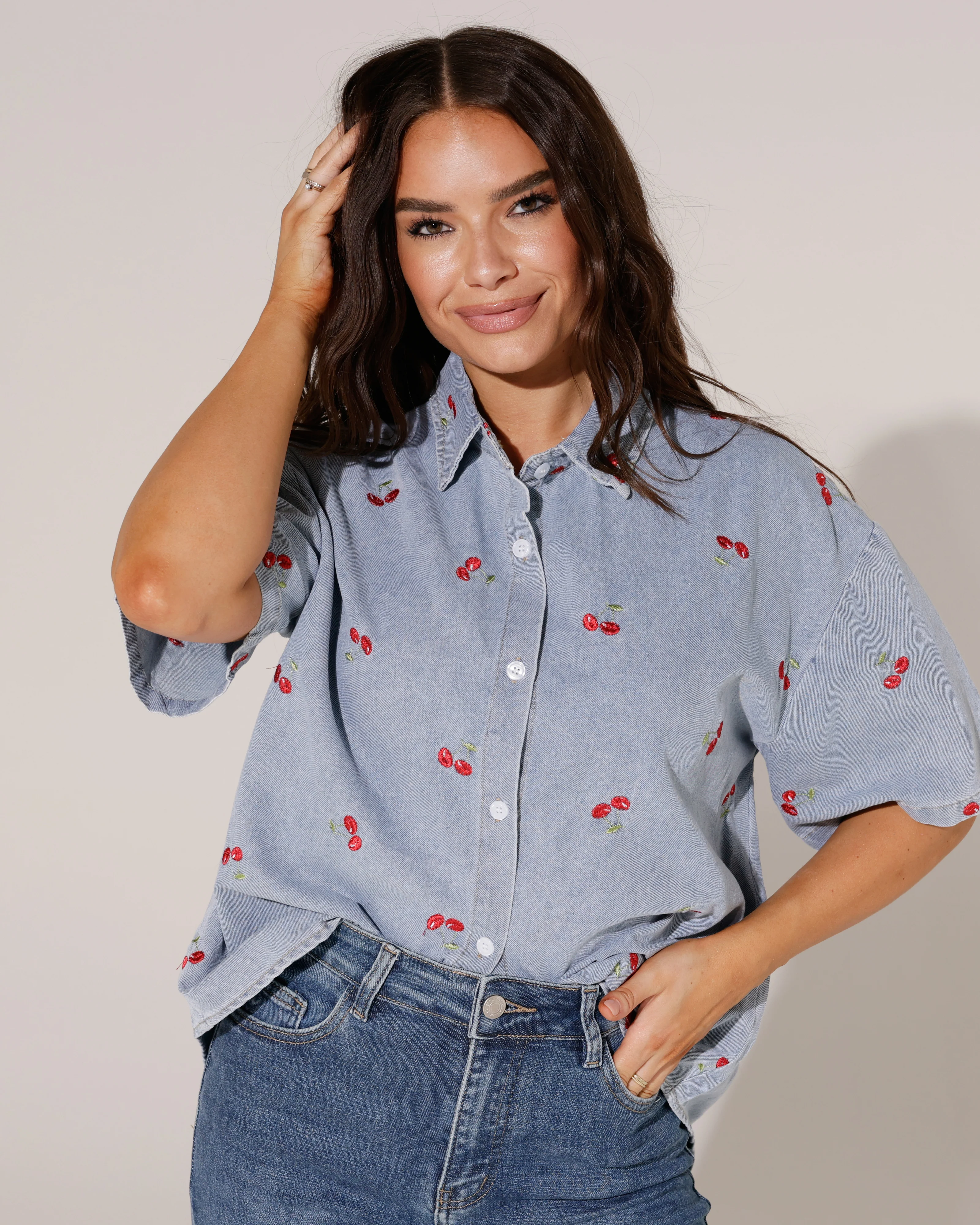 Spijkerblouse met kersen Kyra Blauw - Image 3