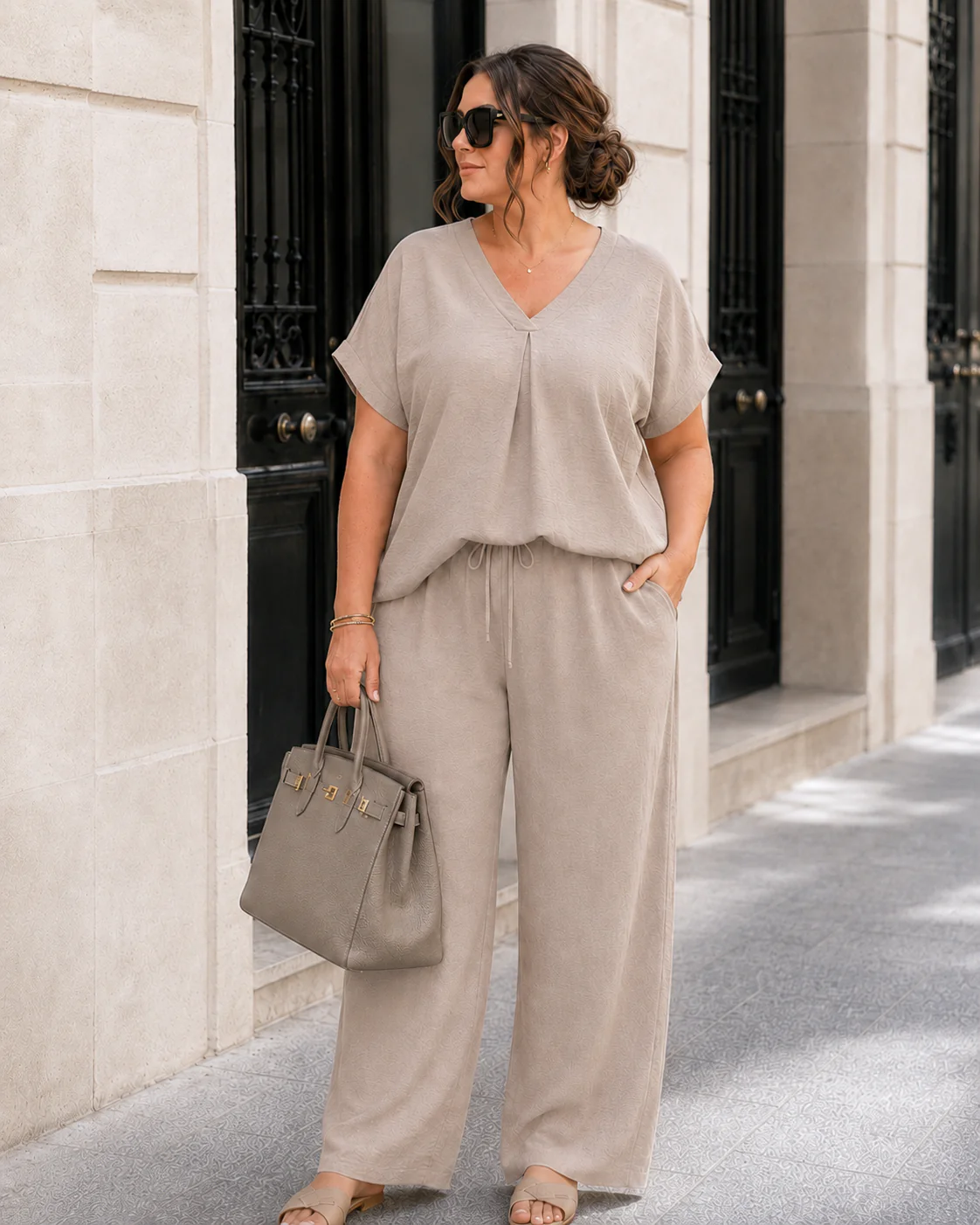 Wijde broek met elastiek Edith Taupe