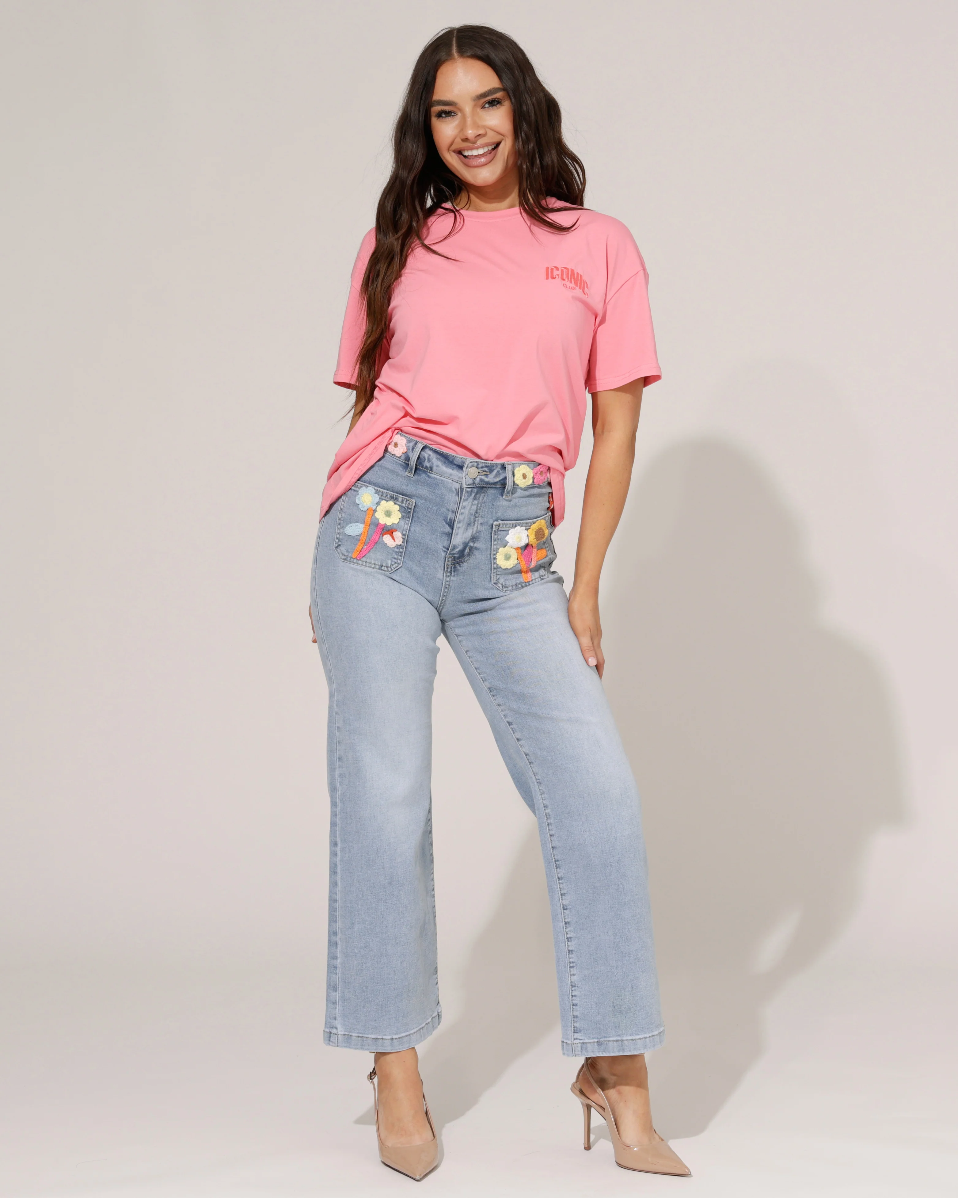 ZAC & ZOE | Wide leg jeans geborduurde bloemen Rendy-N Lichtblauw